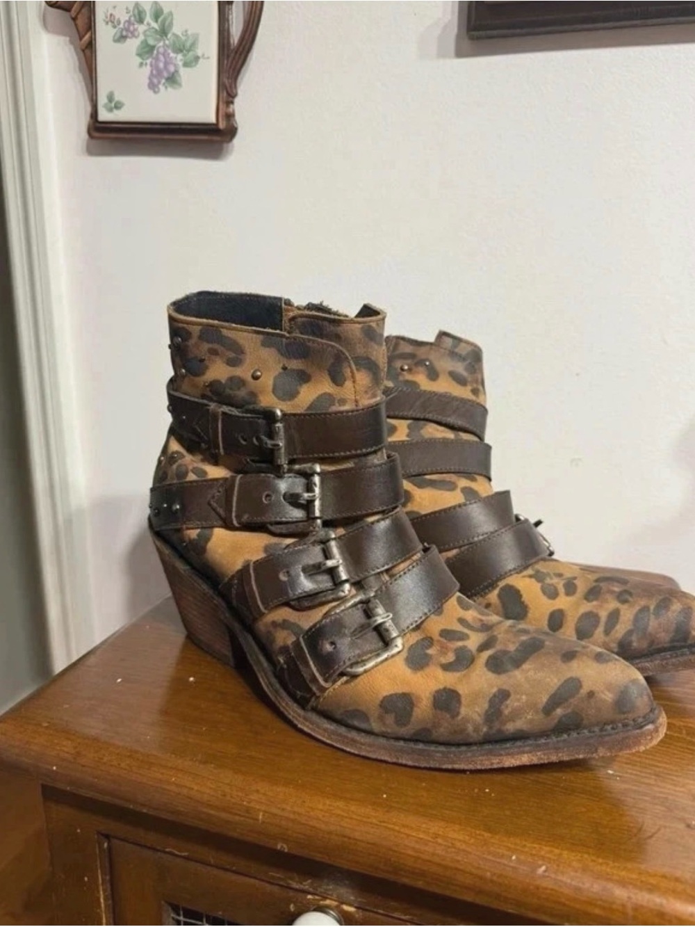 LIBERTY Black Leopard Print Buckle Ankle Booties in Brown